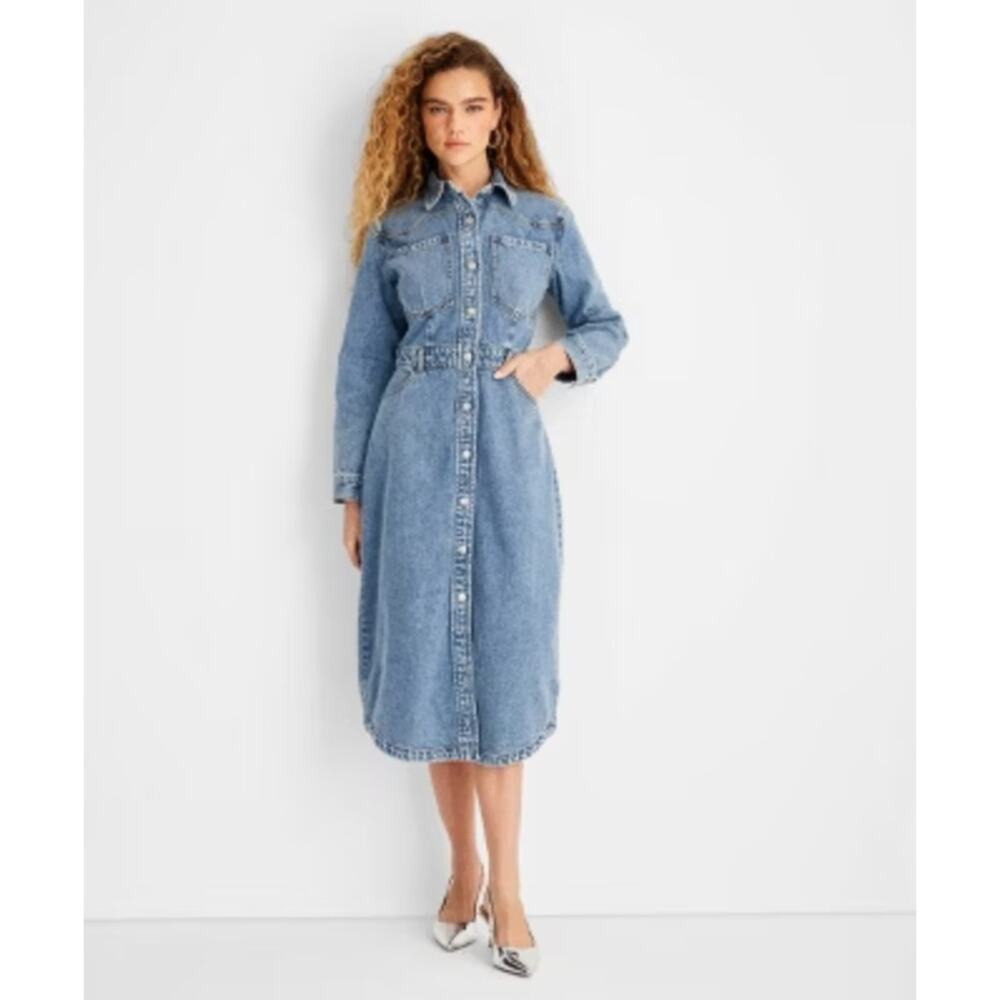 NWT Women's Future Collective Denim Retro Button Up Dress 80s Retro 2